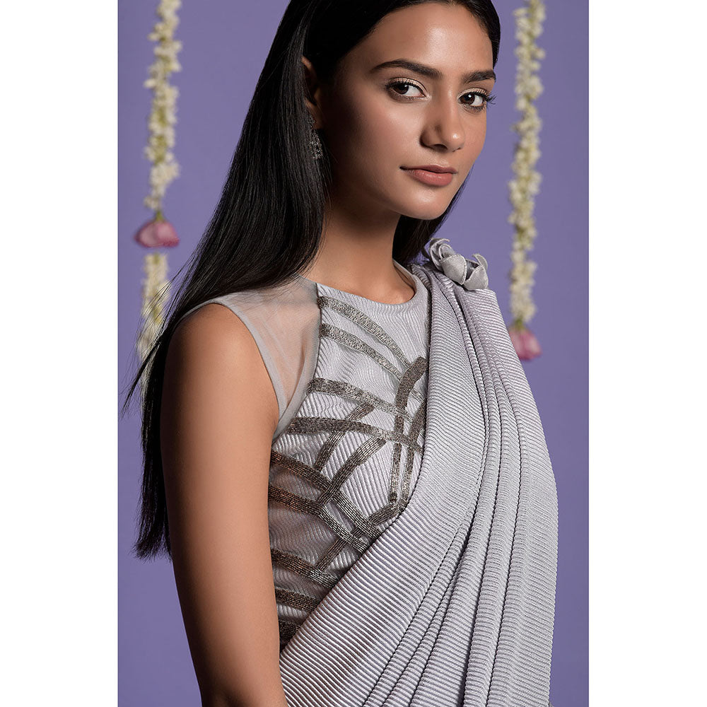 "Two Sisters" by Gyans Grey And Silver Stitched Blouse with Pre-Draped Saree