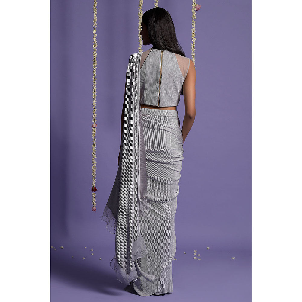 "Two Sisters" by Gyans Grey And Silver Stitched Blouse with Pre-Draped Saree