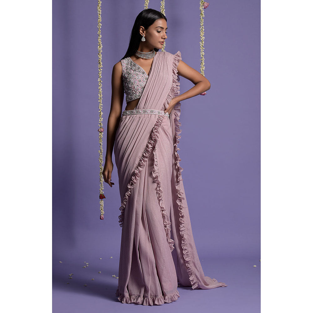 "Two Sisters" by Gyans Onion Pink Blouse & Pre-Draped Saree Set with Belt