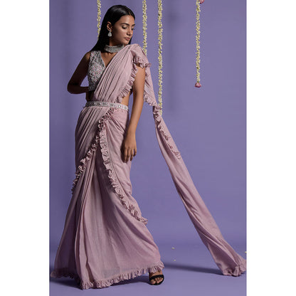 "Two Sisters" by Gyans Onion Pink Blouse & Pre-Draped Saree Set with Belt