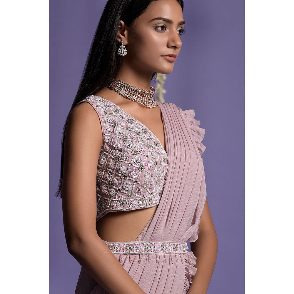 "Two Sisters" by Gyans Onion Pink Blouse & Pre-Draped Saree Set with Belt