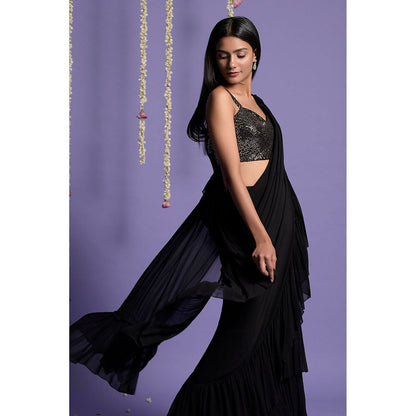 "Two Sisters" by Gyans Black Georgette Ruffled Draped Saree with Stitched Blouse