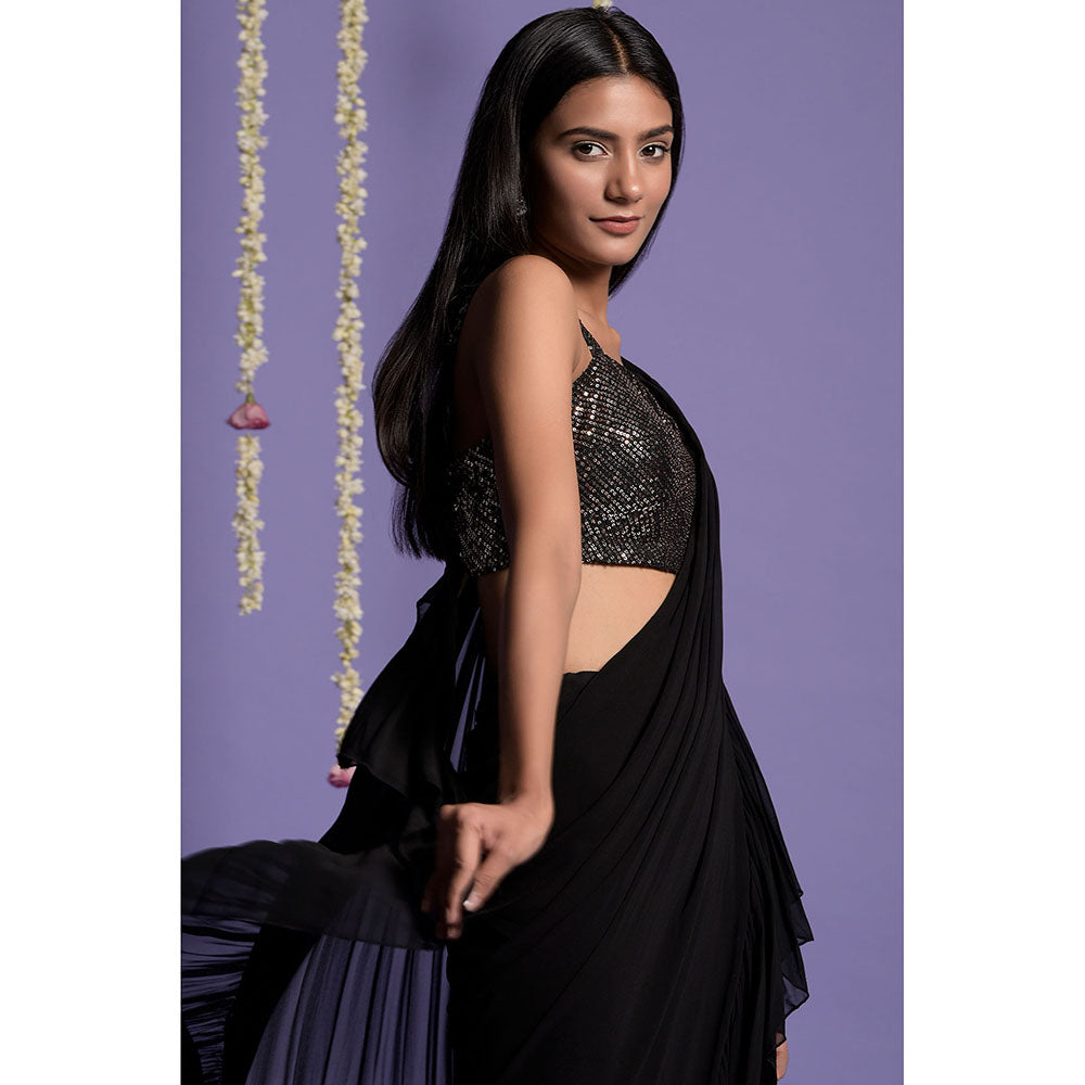 "Two Sisters" by Gyans Black Georgette Ruffled Draped Saree with Stitched Blouse