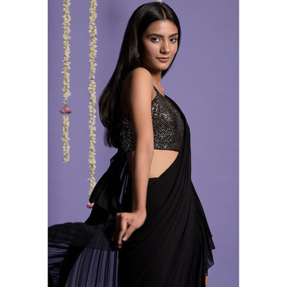 "Two Sisters" by Gyans Black Georgette Ruffled Draped Saree with Stitched Blouse