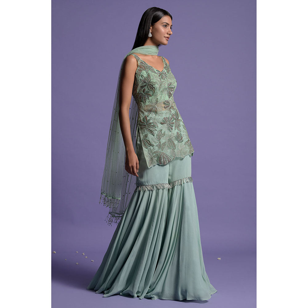 "Two Sisters" by Gyans Mint Green Georgette Kurti with Gharara & Dupatta (Set of 3)