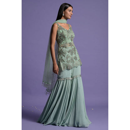 "Two Sisters" by Gyans Mint Green Georgette Kurti with Gharara & Dupatta (Set of 3)