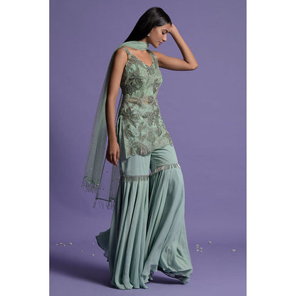 "Two Sisters" by Gyans Mint Green Georgette Kurti with Gharara & Dupatta (Set of 3)