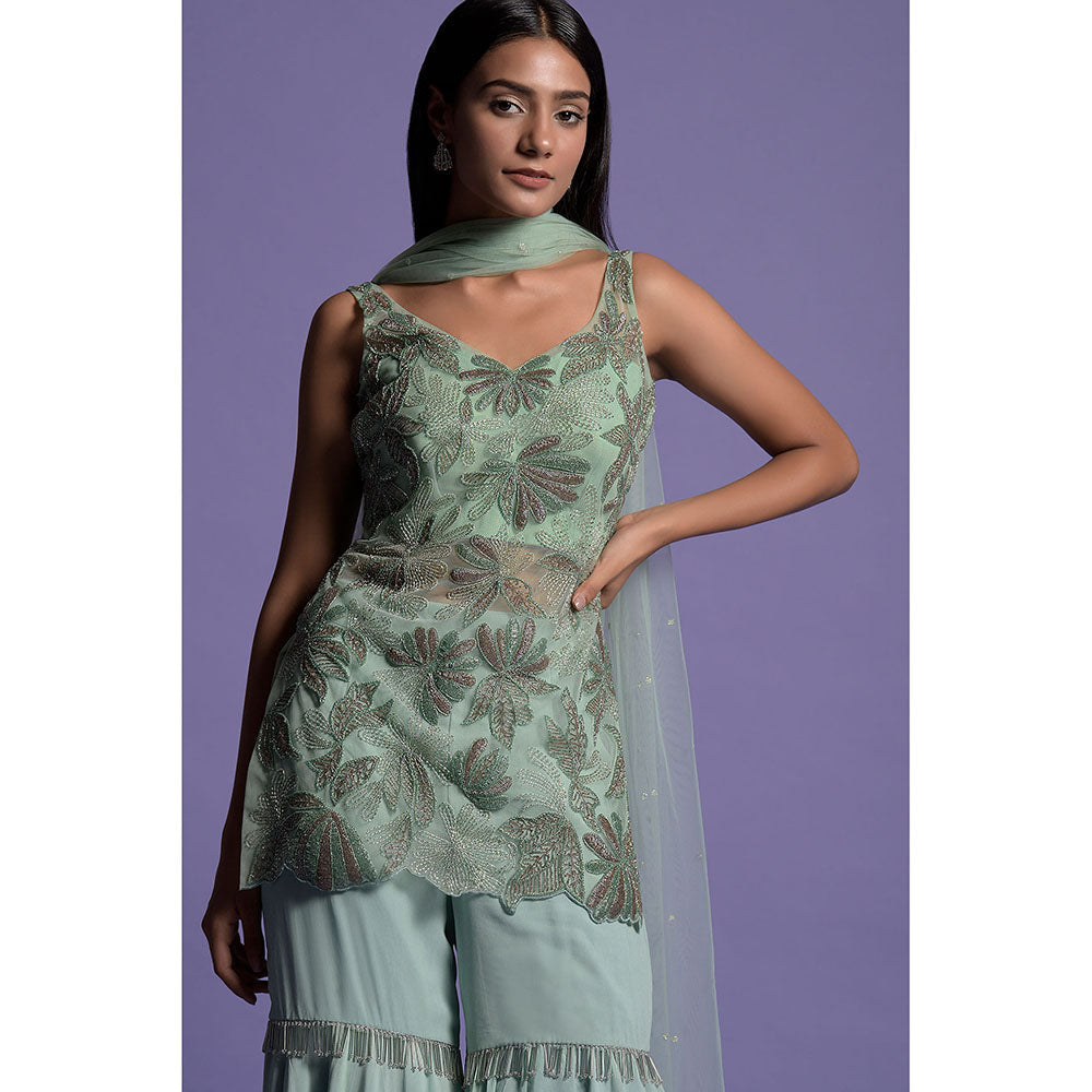 "Two Sisters" by Gyans Mint Green Georgette Kurti with Gharara & Dupatta (Set of 3)