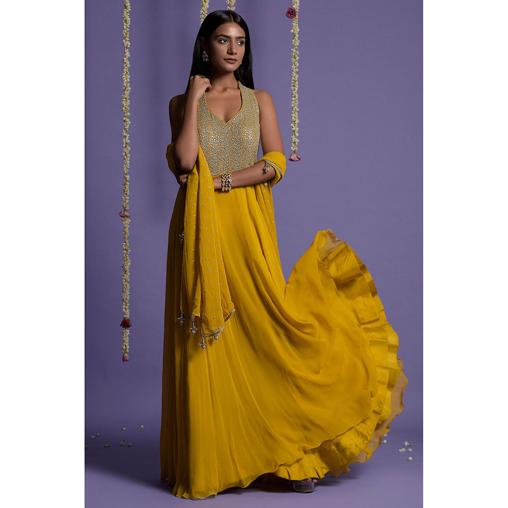 "Two Sisters" by Gyans Mustard Embellished Georgette Anarkali Kurta & Dupatta (Set of 2)