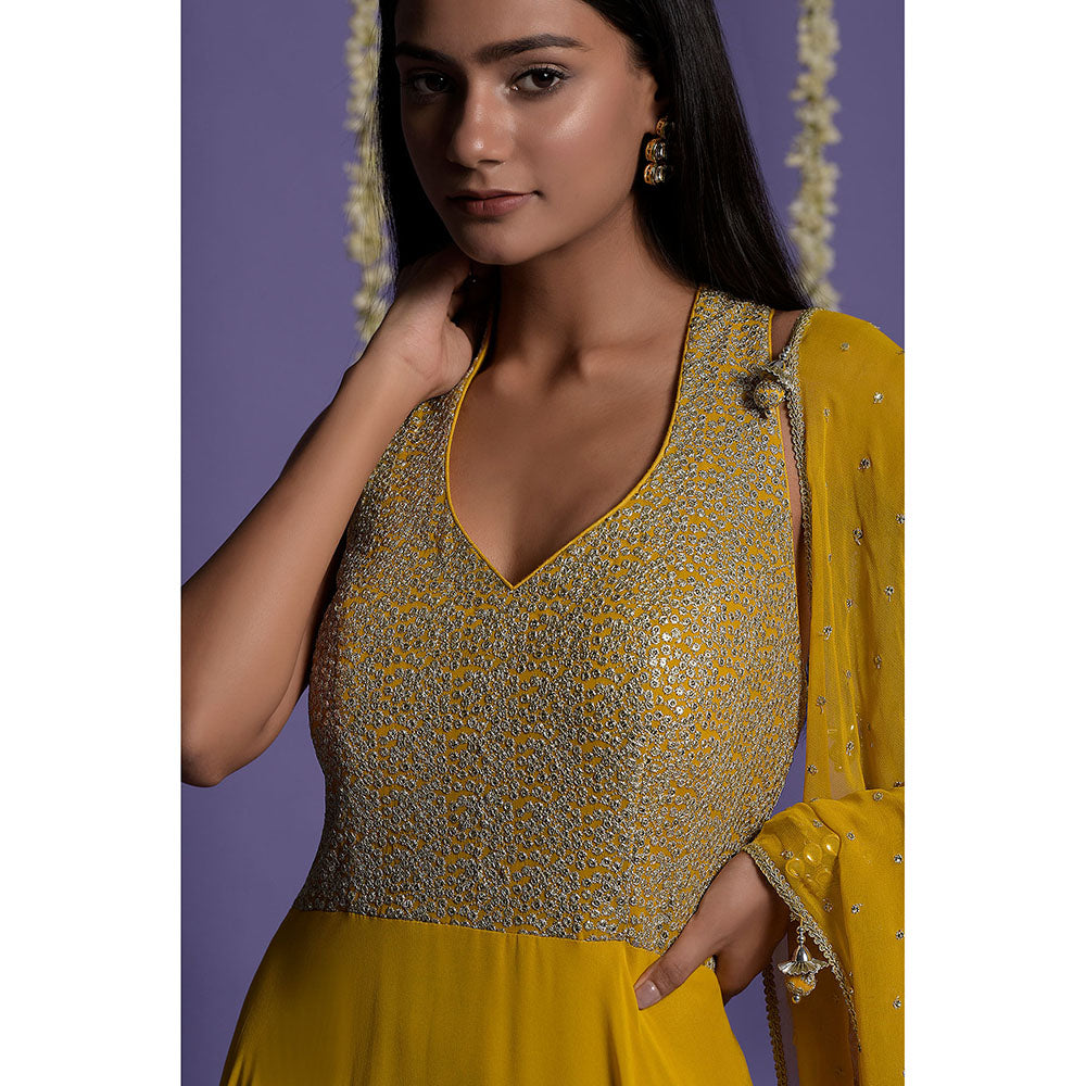 "Two Sisters" by Gyans Mustard Embellished Georgette Anarkali Kurta & Dupatta (Set of 2)