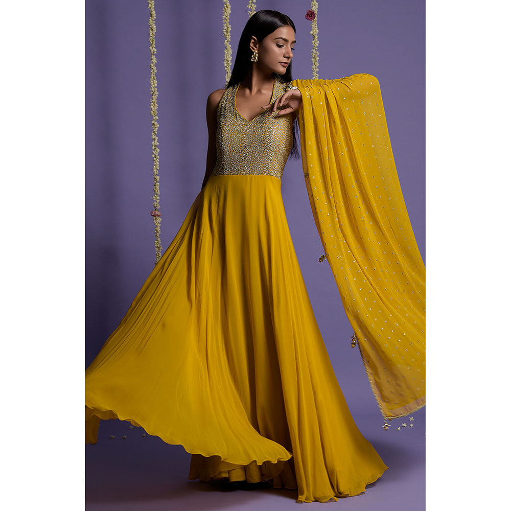 "Two Sisters" by Gyans Mustard Embellished Georgette Anarkali Kurta & Dupatta (Set of 2)