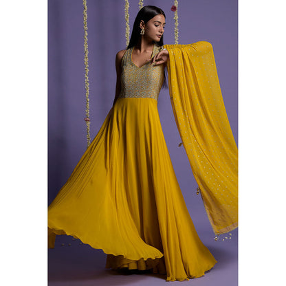 "Two Sisters" by Gyans Mustard Embellished Georgette Anarkali Kurta & Dupatta (Set of 2)