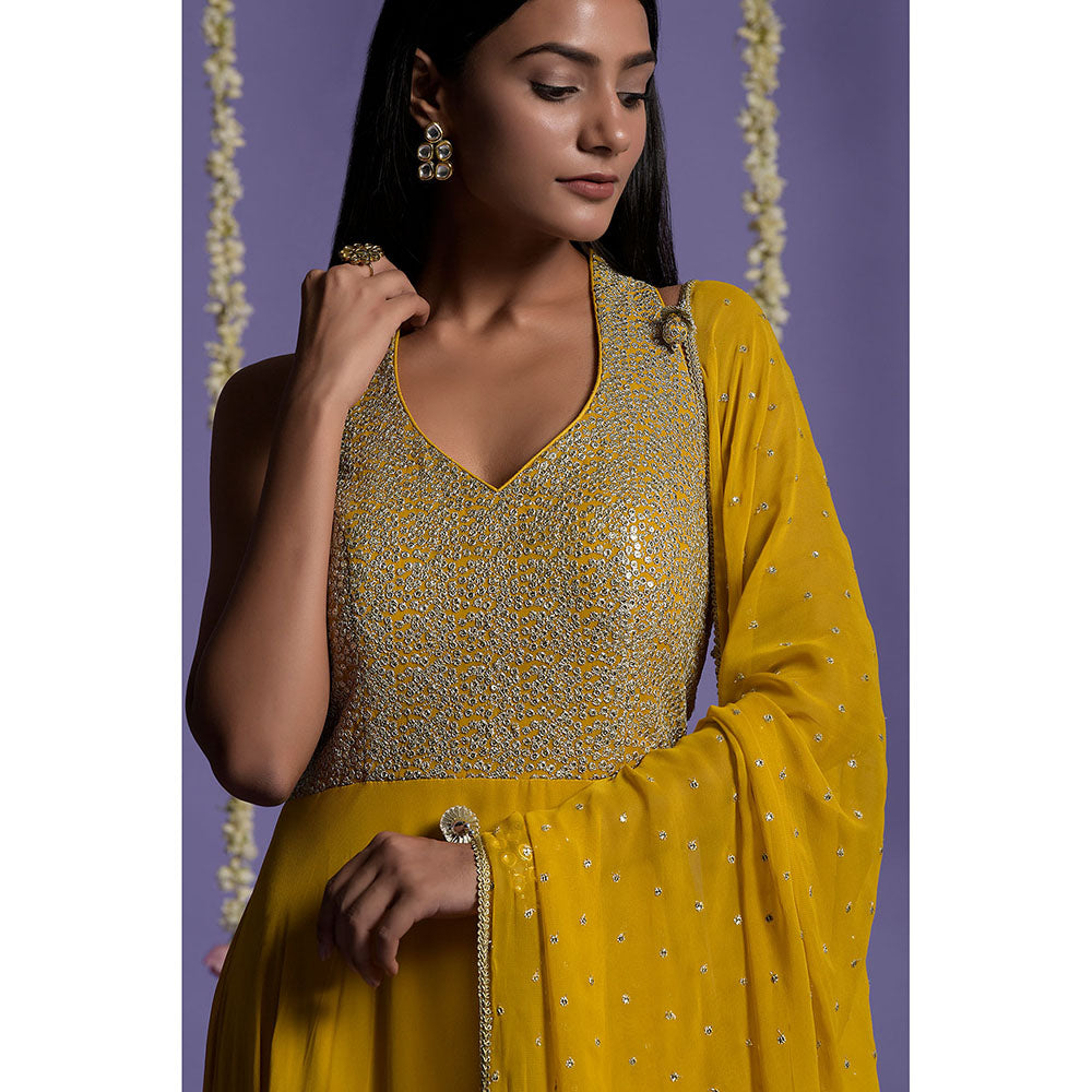 "Two Sisters" by Gyans Mustard Embellished Georgette Anarkali Kurta & Dupatta (Set of 2)