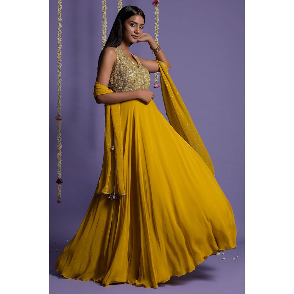 "Two Sisters" by Gyans Mustard Embellished Georgette Anarkali Kurta & Dupatta (Set of 2)