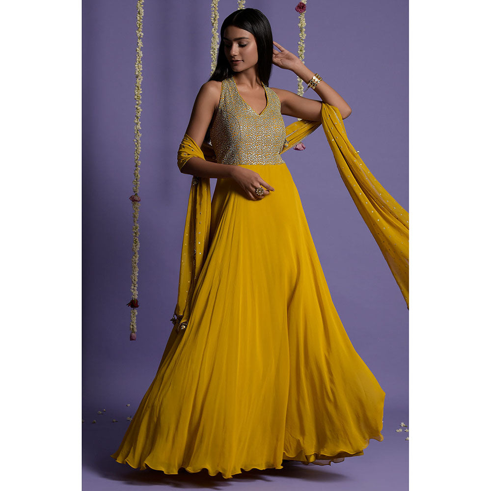 "Two Sisters" by Gyans Mustard Embellished Georgette Anarkali Kurta & Dupatta (Set of 2)