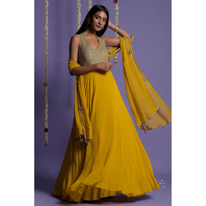 "Two Sisters" by Gyans Mustard Embellished Georgette Anarkali Kurta & Dupatta (Set of 2)