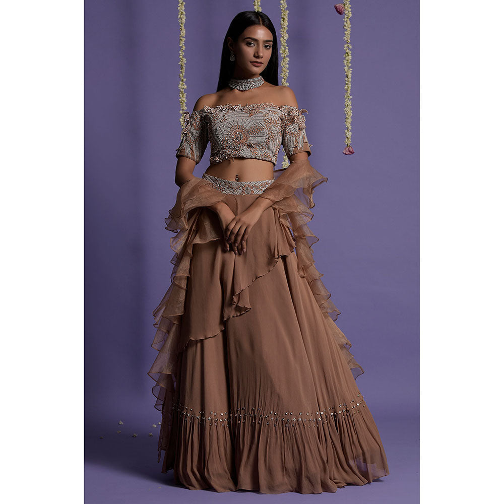 "Two Sisters" by Gyans Brown Georgette Blouse & Lehenga with Dupatta (Set of 3)