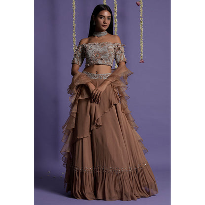 "Two Sisters" by Gyans Brown Georgette Blouse & Lehenga with Dupatta (Set of 3)