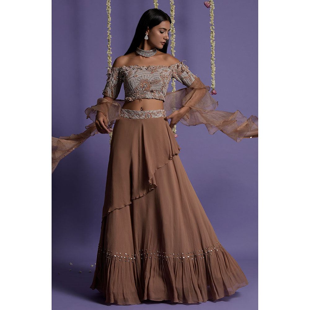 "Two Sisters" by Gyans Brown Georgette Blouse & Lehenga with Dupatta (Set of 3)