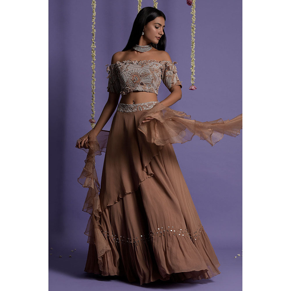 "Two Sisters" by Gyans Brown Georgette Blouse & Lehenga with Dupatta (Set of 3)