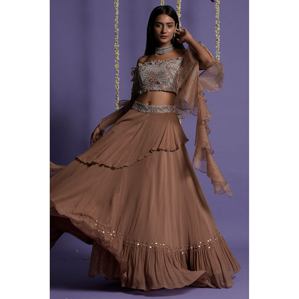 "Two Sisters" by Gyans Brown Georgette Blouse & Lehenga with Dupatta (Set of 3)