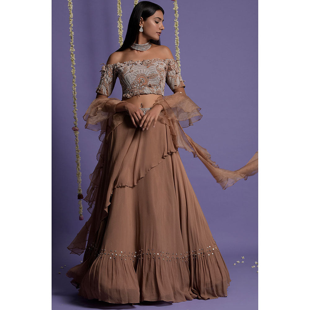 "Two Sisters" by Gyans Brown Georgette Blouse & Lehenga with Dupatta (Set of 3)