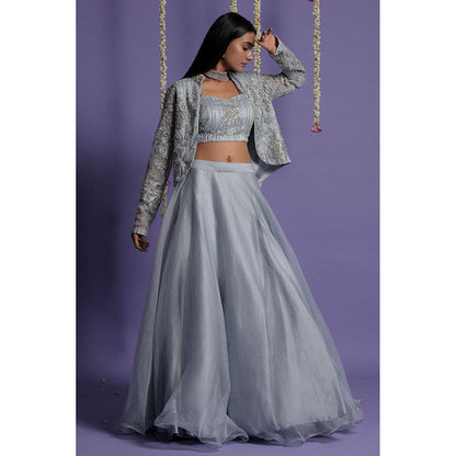 "Two Sisters" by Gyans Ice Blue Embroidered Organza Jacket & Lehenga with Blouse (Set of 3)