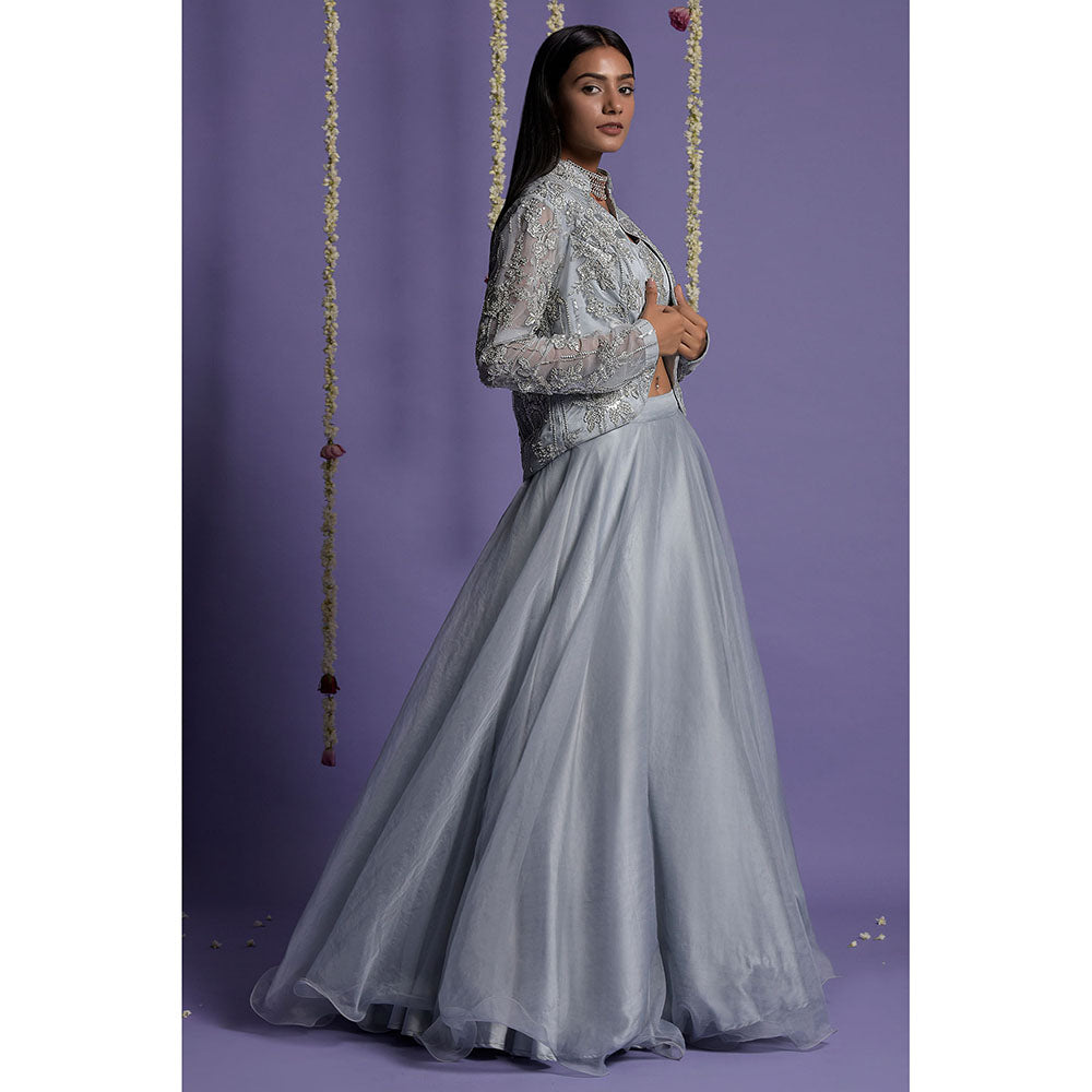 "Two Sisters" by Gyans Ice Blue Embroidered Organza Jacket & Lehenga with Blouse (Set of 3)