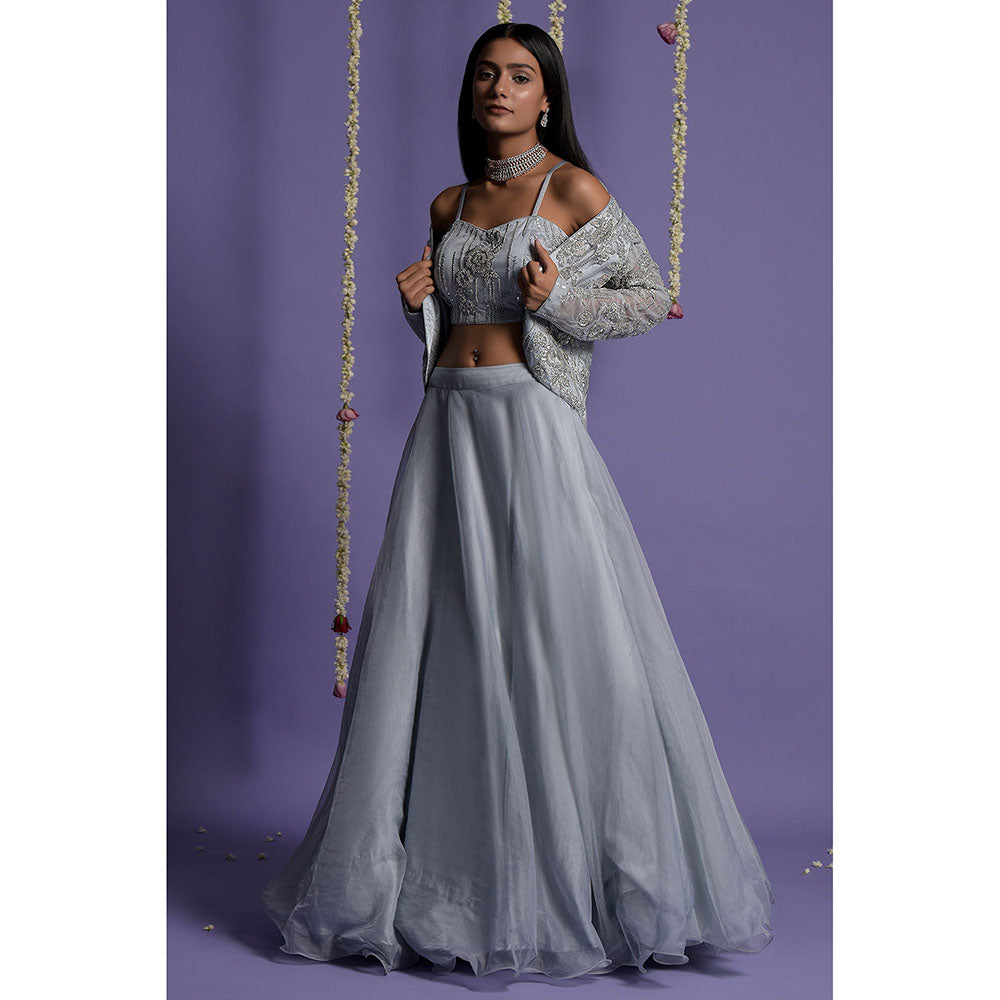 "Two Sisters" by Gyans Ice Blue Embroidered Organza Jacket & Lehenga with Blouse (Set of 3)