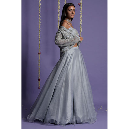 "Two Sisters" by Gyans Ice Blue Embroidered Organza Jacket & Lehenga with Blouse (Set of 3)