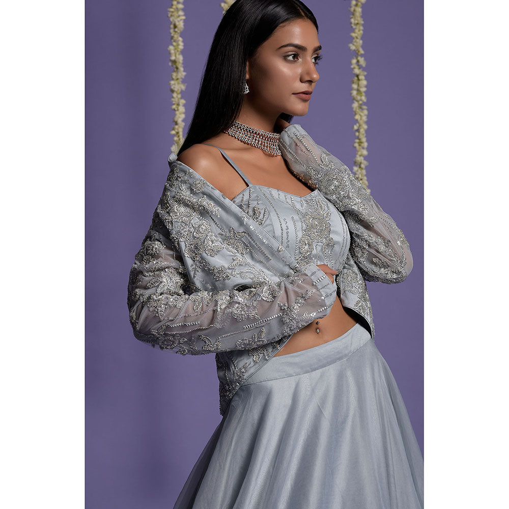 "Two Sisters" by Gyans Ice Blue Embroidered Organza Jacket & Lehenga with Blouse (Set of 3)