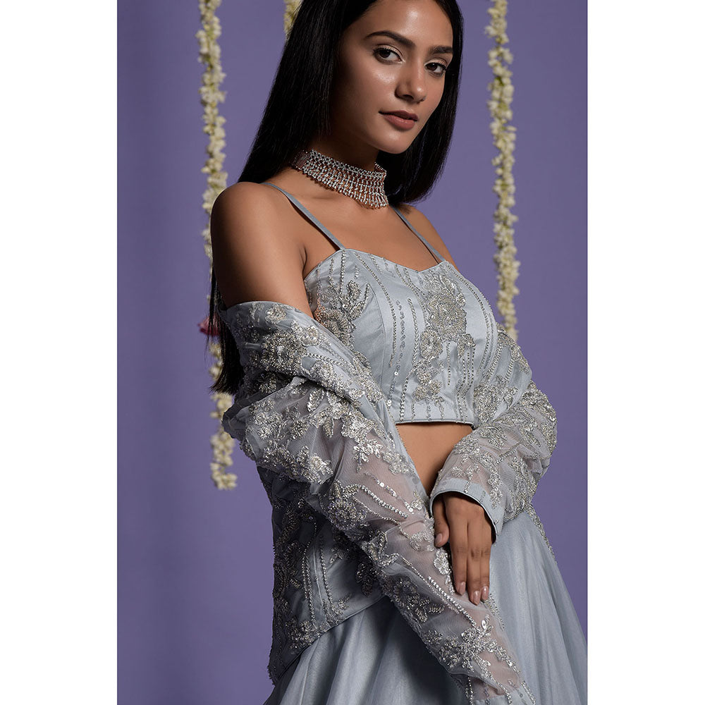 "Two Sisters" by Gyans Ice Blue Embroidered Organza Jacket & Lehenga with Blouse (Set of 3)