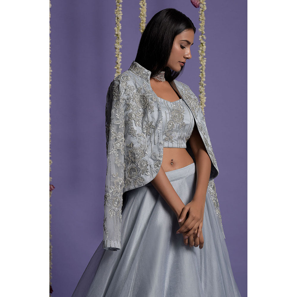 "Two Sisters" by Gyans Ice Blue Embroidered Organza Jacket & Lehenga with Blouse (Set of 3)