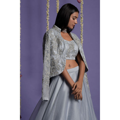 "Two Sisters" by Gyans Ice Blue Embroidered Organza Jacket & Lehenga with Blouse (Set of 3)
