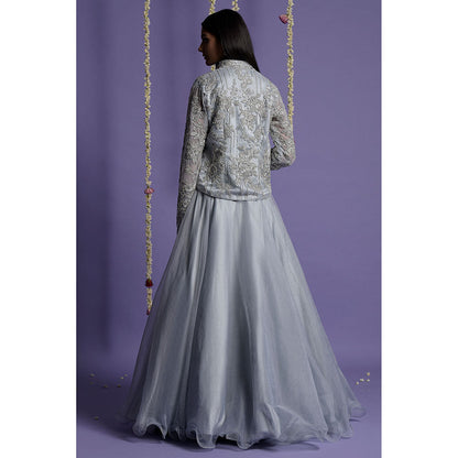 "Two Sisters" by Gyans Ice Blue Embroidered Organza Jacket & Lehenga with Blouse (Set of 3)