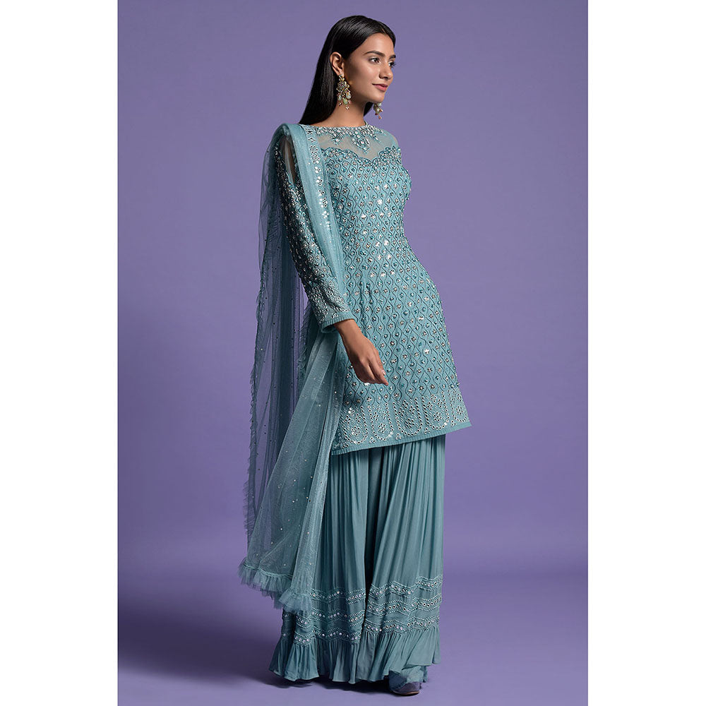 "Two Sisters" by Gyans Blue Georgette Embroidered Kurta with Sharara & Dupatta (Set of 3)