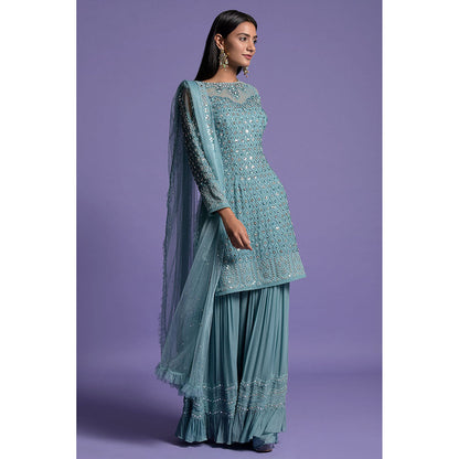 "Two Sisters" by Gyans Blue Georgette Embroidered Kurta with Sharara & Dupatta (Set of 3)
