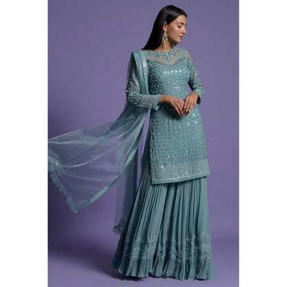 "Two Sisters" by Gyans Blue Georgette Embroidered Kurta with Sharara & Dupatta (Set of 3)