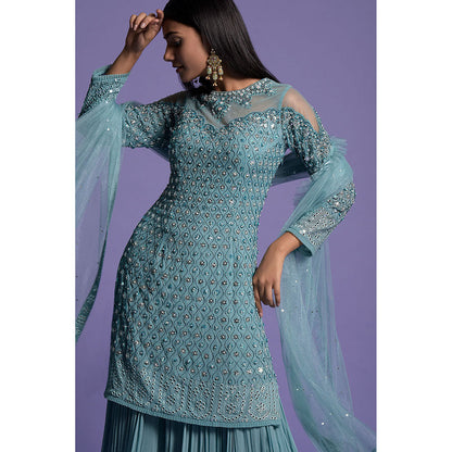 "Two Sisters" by Gyans Blue Georgette Embroidered Kurta with Sharara & Dupatta (Set of 3)