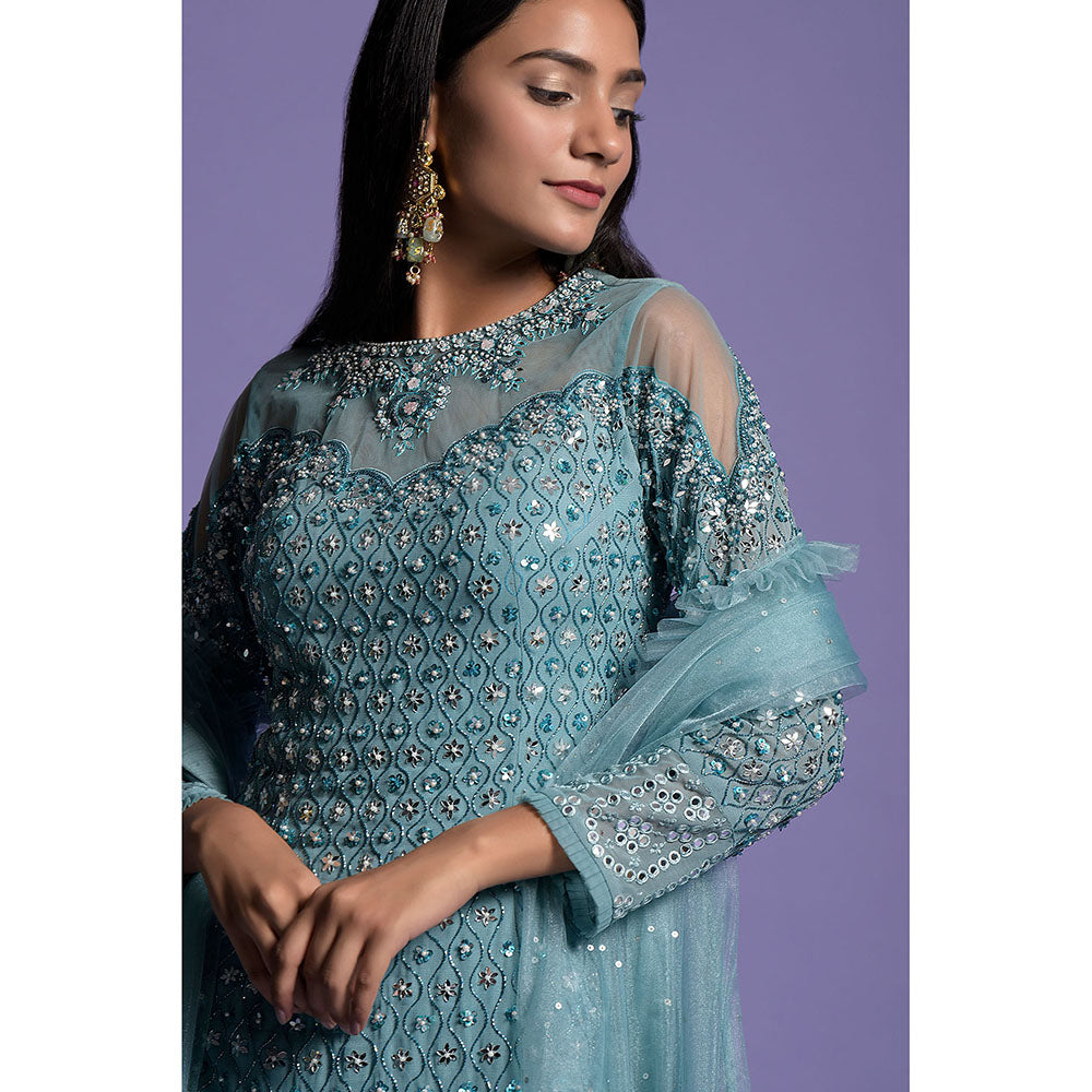 "Two Sisters" by Gyans Blue Georgette Embroidered Kurta with Sharara & Dupatta (Set of 3)