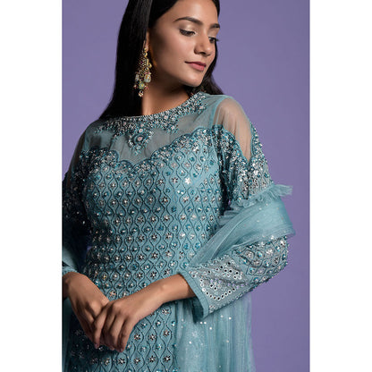 "Two Sisters" by Gyans Blue Georgette Embroidered Kurta with Sharara & Dupatta (Set of 3)