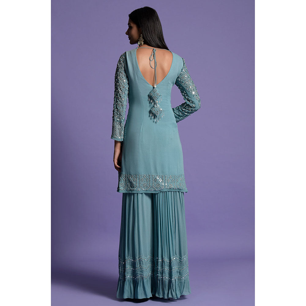 "Two Sisters" by Gyans Blue Georgette Embroidered Kurta with Sharara & Dupatta (Set of 3)