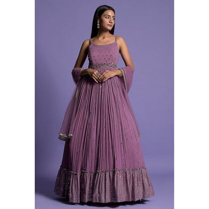 "Two Sisters" by Gyans Dark Purple Georgette Mirror Work Anarkali Kurta & Dupatta (Set of 2)