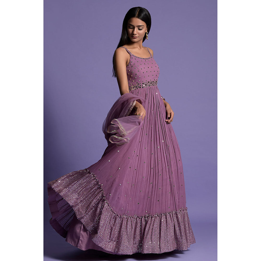 "Two Sisters" by Gyans Dark Purple Georgette Mirror Work Anarkali Kurta & Dupatta (Set of 2)