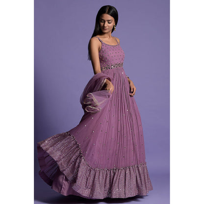 "Two Sisters" by Gyans Dark Purple Georgette Mirror Work Anarkali Kurta & Dupatta (Set of 2)