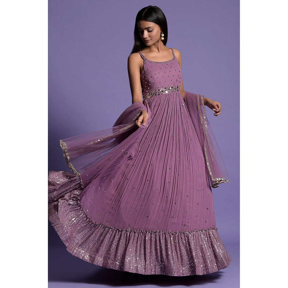 "Two Sisters" by Gyans Dark Purple Georgette Mirror Work Anarkali Kurta & Dupatta (Set of 2)