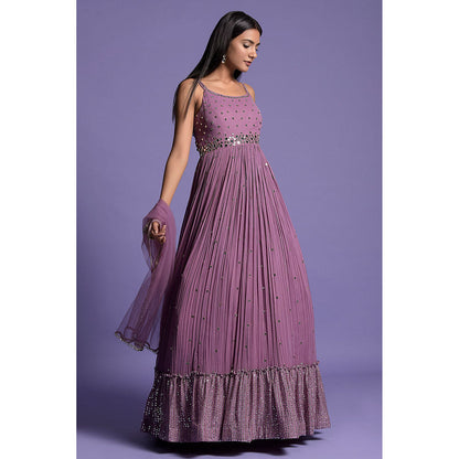 "Two Sisters" by Gyans Dark Purple Georgette Mirror Work Anarkali Kurta & Dupatta (Set of 2)