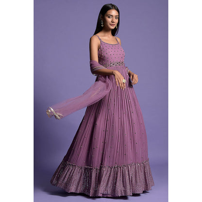 "Two Sisters" by Gyans Dark Purple Georgette Mirror Work Anarkali Kurta & Dupatta (Set of 2)