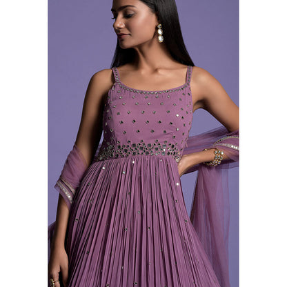 "Two Sisters" by Gyans Dark Purple Georgette Mirror Work Anarkali Kurta & Dupatta (Set of 2)