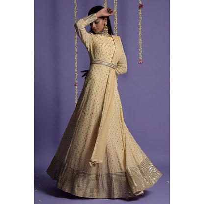 "Two Sisters" by Gyans Cream Embroidered Anarkali Kurta & Dupatta with Belt (Set of 3)